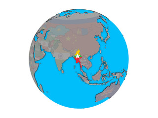 Myanmar with embedded national flag on blue political 3D globe. 3D illustration isolated on white background.