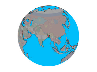 Bangladesh with embedded national flag on blue political 3D globe. 3D illustration isolated on white background.