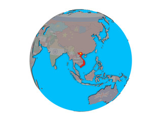 Vietnam with embedded national flag on blue political 3D globe. 3D illustration isolated on white background.