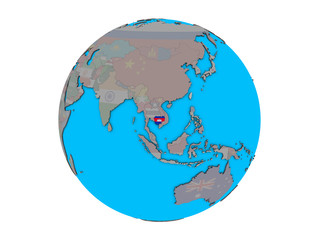 Obraz premium Cambodia with embedded national flag on blue political 3D globe. 3D illustration isolated on white background.