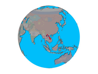 Laos with embedded national flag on blue political 3D globe. 3D illustration isolated on white background.