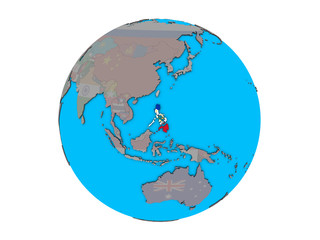 Philippines with embedded national flag on blue political 3D globe. 3D illustration isolated on white background.