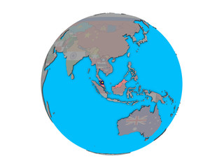 Malaysia with embedded national flag on blue political 3D globe. 3D illustration isolated on white background.