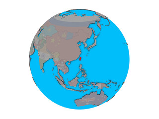 Taiwan with embedded national flag on blue political 3D globe. 3D illustration isolated on white background.