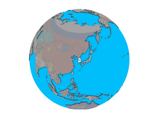 South Korea with embedded national flag on blue political 3D globe. 3D illustration isolated on white background.