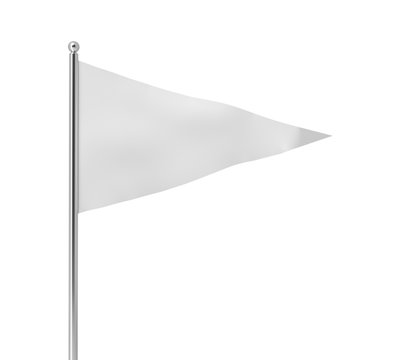 3d rendering of a single white triangular flag hanging on a post on a white background.