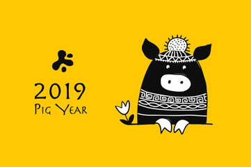 Cute piggy silhouette, symbol of 2019 year for your design
