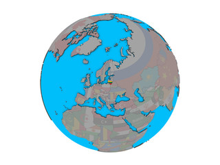 Lithuania with embedded national flag on blue political 3D globe. 3D illustration isolated on white background.