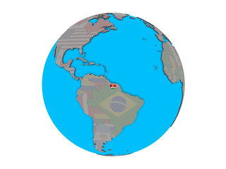 Suriname with embedded national flag on blue political 3D globe. 3D illustration isolated on white background.