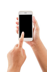 closeup hand using phone isolated on white background.