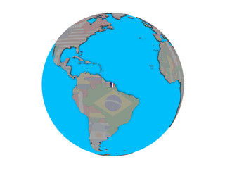 French Guiana with embedded national flag on blue political 3D globe. 3D illustration isolated on white background.