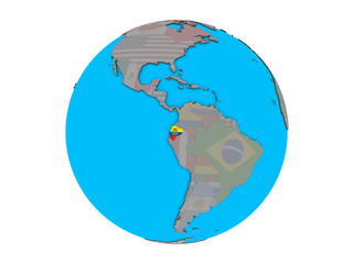 Ecuador with embedded national flag on blue political 3D globe. 3D illustration isolated on white background.