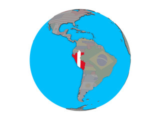 Peru with embedded national flag on blue political 3D globe. 3D illustration isolated on white background.