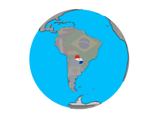 Paraguay with embedded national flag on blue political 3D globe. 3D illustration isolated on white background.