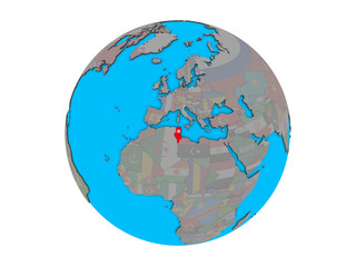 Tunisia with embedded national flag on blue political 3D globe. 3D illustration isolated on white background.