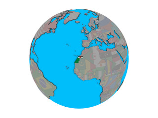 Western Sahara with embedded national flag on blue political 3D globe. 3D illustration isolated on white background.