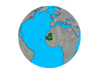 Mauritania with embedded national flag on blue political 3D globe. 3D illustration isolated on white background.