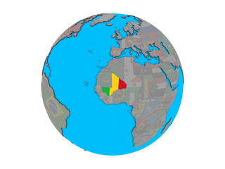 Mali with embedded national flag on blue political 3D globe. 3D illustration isolated on white background.