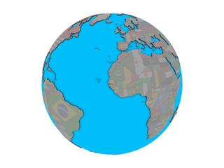 Gambia with embedded national flag on blue political 3D globe. 3D illustration isolated on white background.