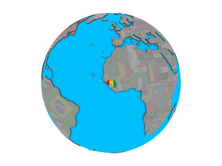 Guinea with embedded national flag on blue political 3D globe. 3D illustration isolated on white background.