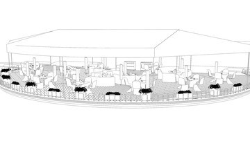 restaurant, summer terrace, 3D illustration, sketch, outline