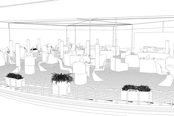 restaurant, summer terrace, 3D illustration, sketch, outline