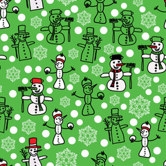 Vector green white snowman and christmas pattern