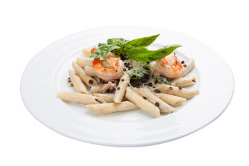 Pasta with lentils and shrimps. Traditional Italian dish