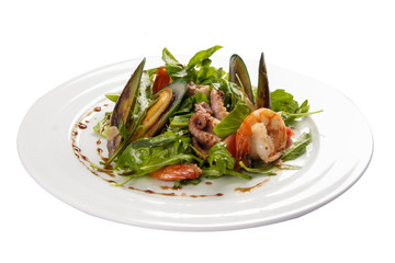 Seafood salad. A traditional Spanish dish. On a white background