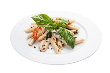 Pasta with lentils and shrimps. Traditional Italian dish