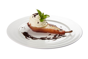 Bavarian curd cream with pear. On a white background