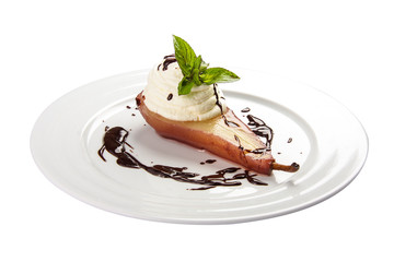 Bavarian curd cream with pear. On a white background