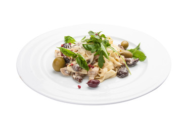 Tagliatelle with mushrooms and capers. On a white background