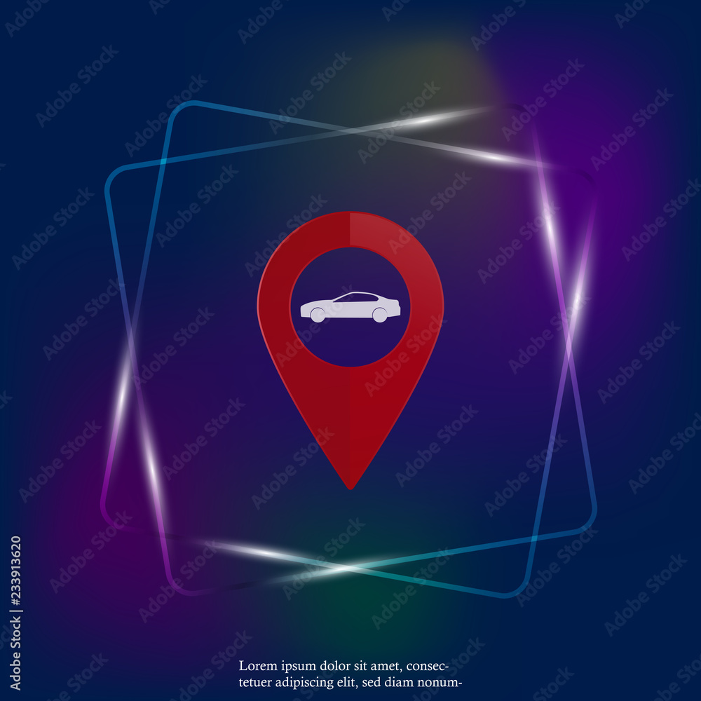 Poster map pointer neon light icon with illustration car. positioning car. layers grouped for easy editing 
