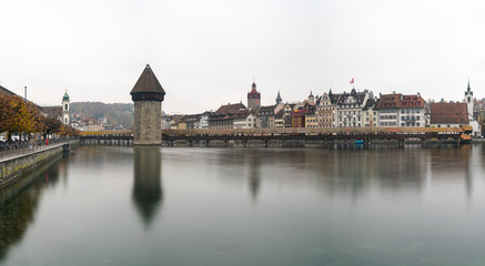 Lucerne, LU / Switzerland - November 9, 2018: the famous Swiss city of Lucerne cityscape skyline...