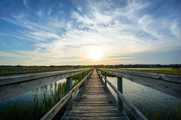 coastal waters with a very long wooden boardwalk pier in the center during a colorful summer sunset under an expressive sky with reflections in the water and marsh grass in the foreground - obrazy, fototapety, plakaty