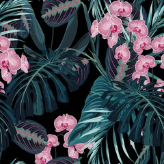Rideaux occultants Orchidee Modèle sans couture, feuilles de palmier de couleurs vert foncé et fleurs d& 39 orchidées roses tropicales sur fond noir. Style vintage.