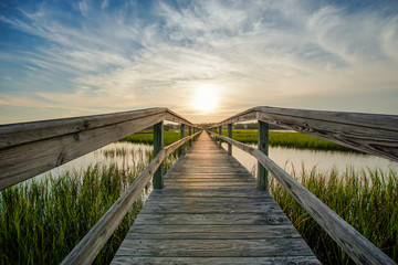coastal waters with a very long wooden boardwalk pier in the center during a colorful summer sunset under an expressive sky with reflections in the water and marsh grass in the foreground - Powered by Adobe