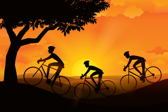 Cyclist riding on the road with scenery of sunset on the horizon over the sea landscape. Vector illustration of cycling sport concept