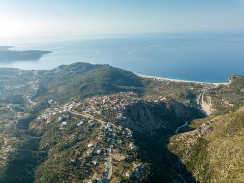 Aerial view of Himara castle and Himara Beach in autumn (Albanian Riviera)