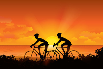 Obraz premium Cyclist riding on the road with scenery of sunset on the horizon over the sea landscape. Vector illustration of cycling sport concept