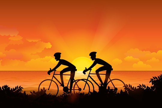 Cyclist riding on the road with scenery of sunset on the horizon over the sea landscape. Vector illustration of cycling sport concept