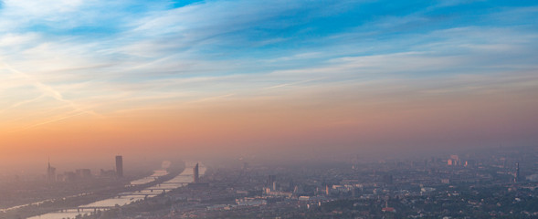 view to city of Vienna with river Danube in sunrise