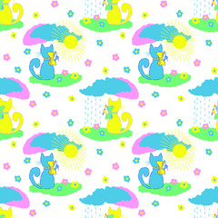 Cat draws the sky and the sun. Vector seamless pattern
