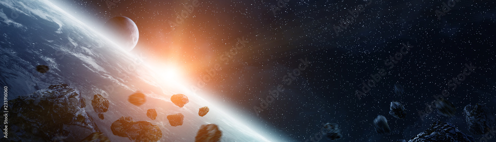 Wall mural panoramic view of planet earth with asteroids flying close 3d rendering elements of this image furni