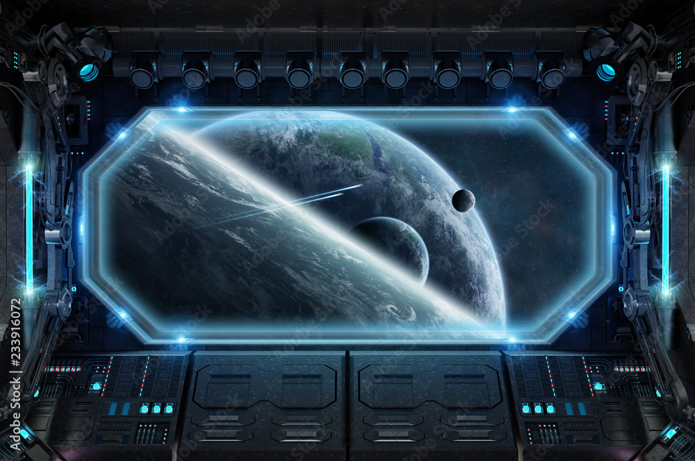 Poster dark spaceship interior with large window view 3d rendering