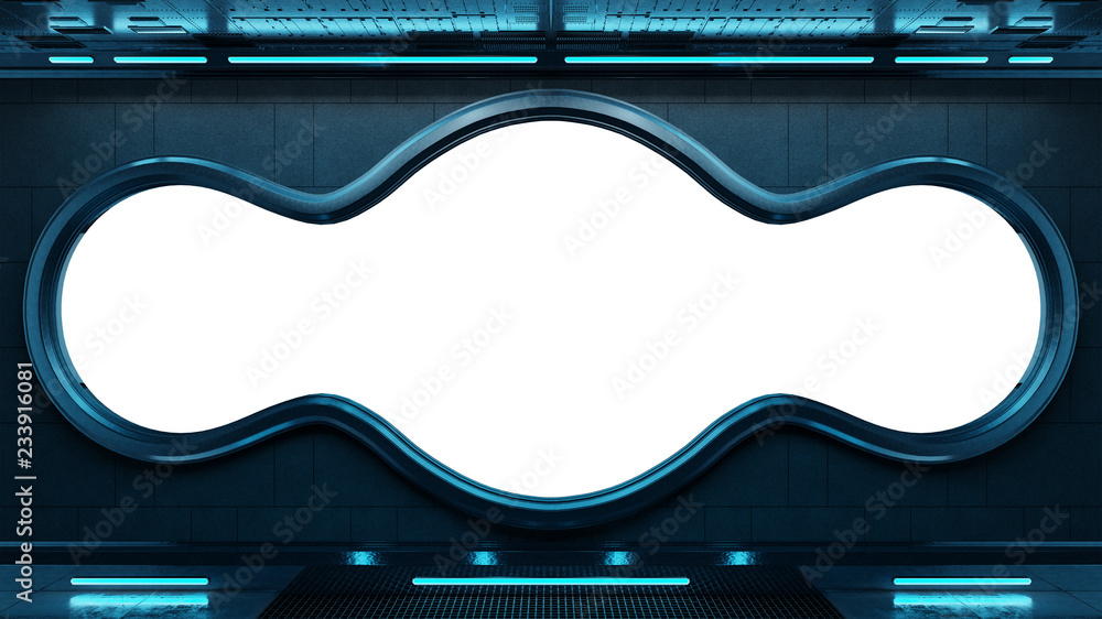 Poster black tech spaceship round window interior background 3d rendering