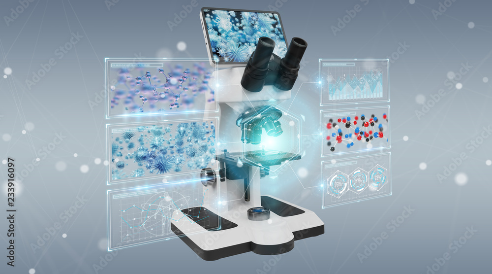 Poster Modern digital microscope with screen analysis 3D rendering