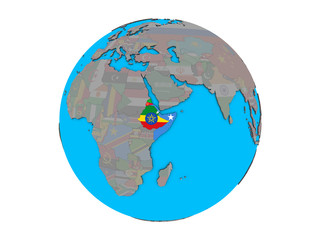 Horn of Africa with embedded national flags on blue political 3D globe. 3D illustration isolated on white background.