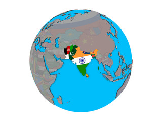 South Asia with embedded national flags on blue political 3D globe. 3D illustration isolated on white background.